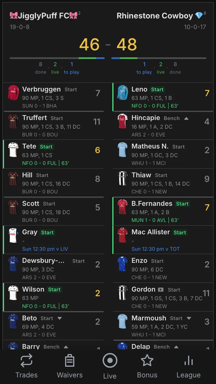 Live H2H matchup scoreboard showing player cards with real-time scores